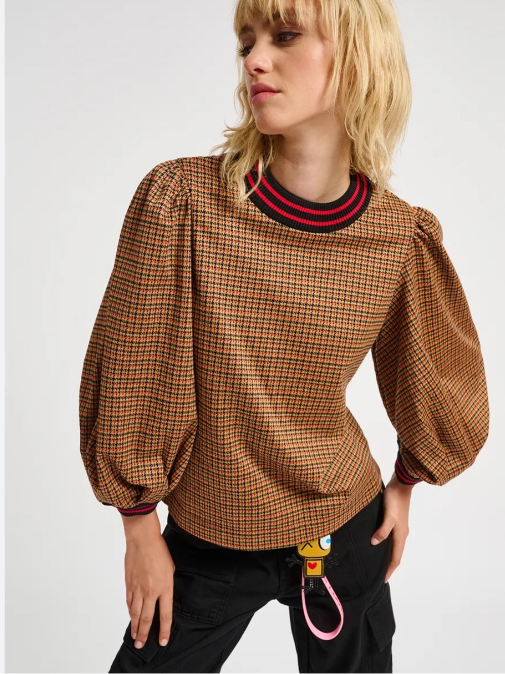 Essential Antwerp Woven Houndstooth Print Puff-Sleeve Top Size 34, Small